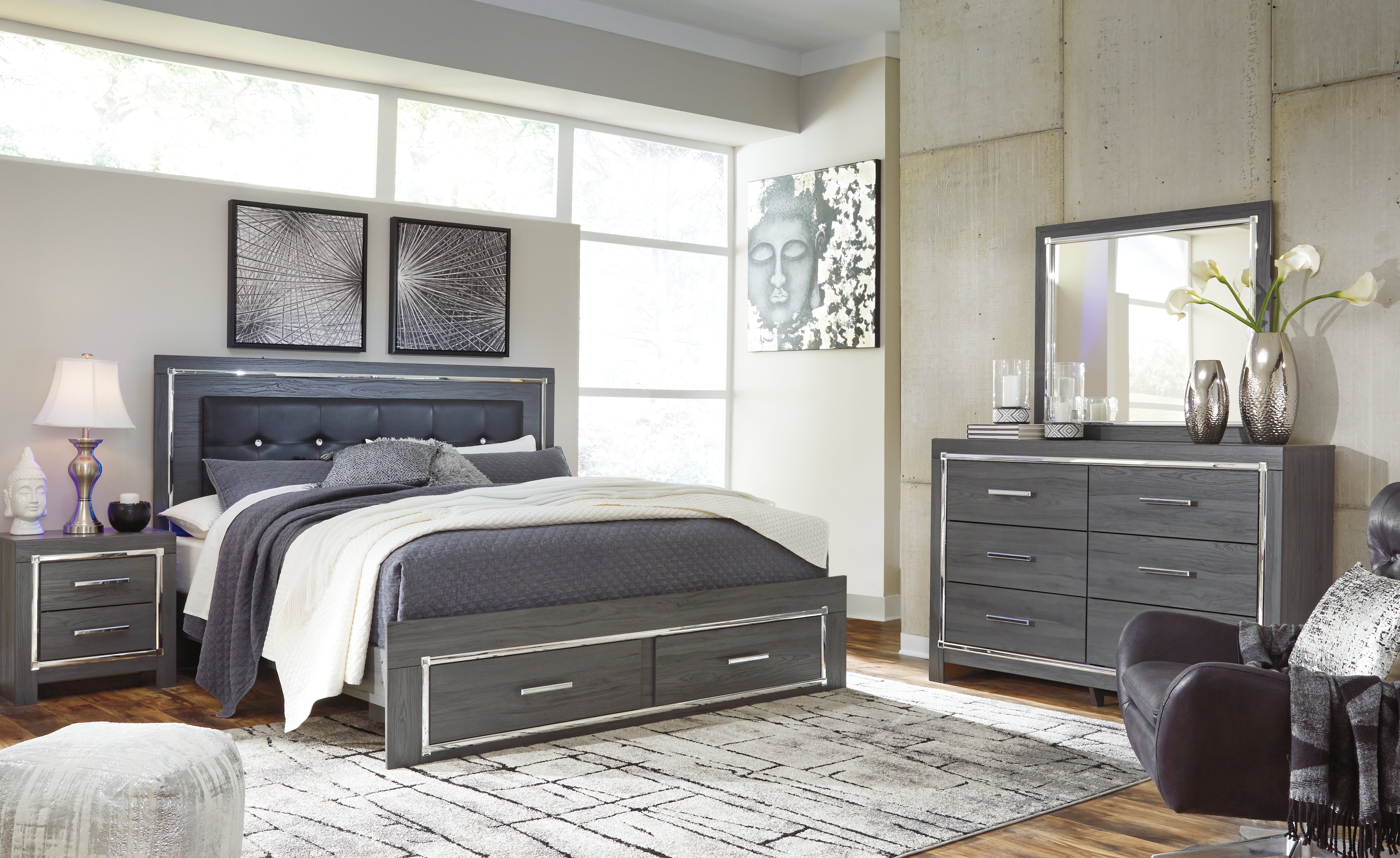 Hoover Furniture Outlet - Ashley Furniture - Lodanna King Upholstered Storage Bed, Dresser, Mirror, and Nightstand - King Upholstered Storage Bed, Dresser, Mirror, and Nightstand - B214B24