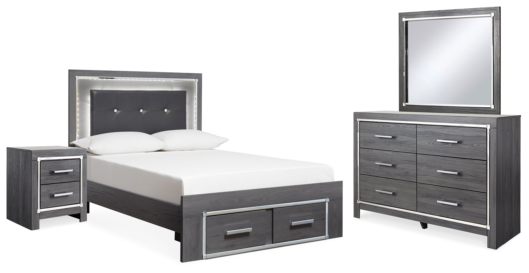 Hoover Furniture Outlet - Ashley Furniture - Lodanna Full Upholstered Panel Storage Bed, Dresser, Mirror, and Nightstand - Full Upholstered Panel Storage Bed, Dresser, Mirror, and Nightstand - B214B23
