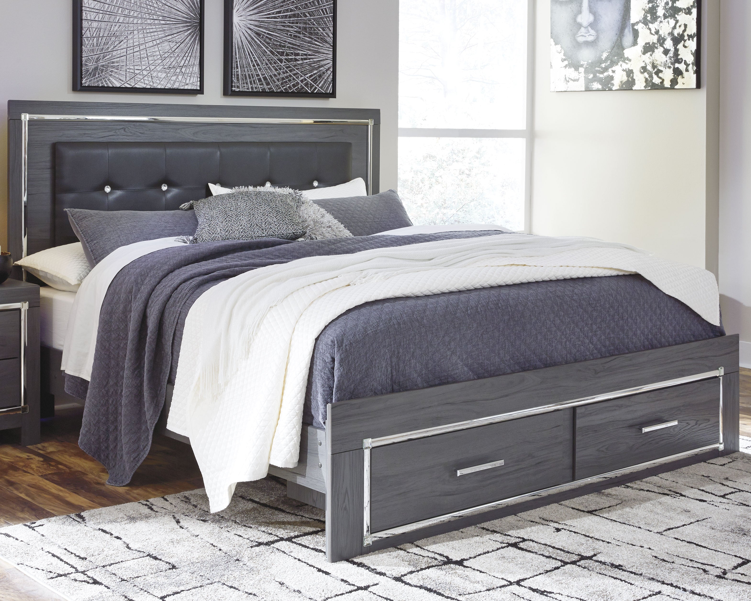 Hoover Furniture Outlet - Ashley Furniture - Lodanna King Panel Bed with 2 Storage Drawers - King Panel Bed with 2 Storage Drawers / Gray - B214B11