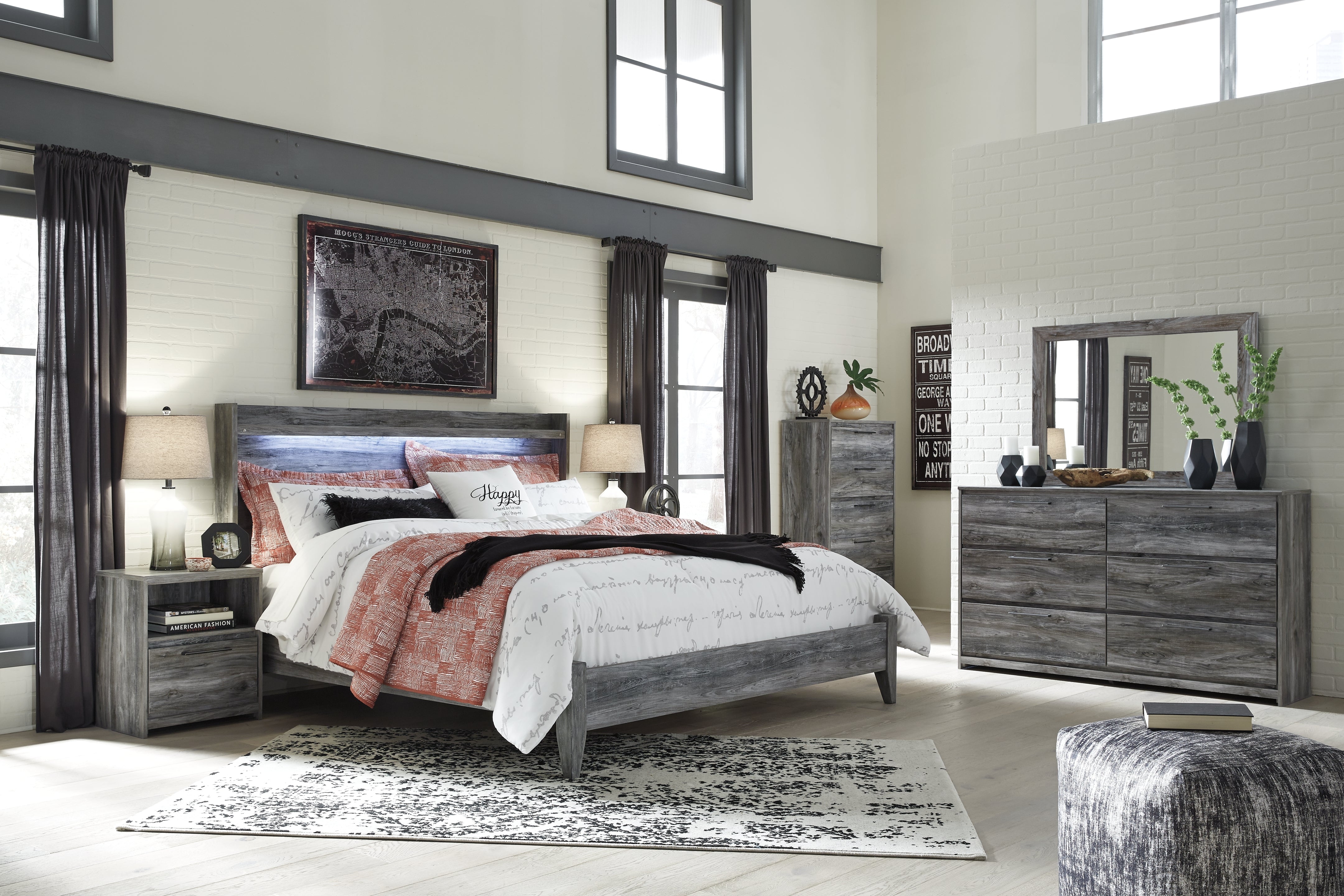 Hoover Furniture Outlet - Ashley Furniture - Baystorm King Panel Bed, Dresser, Mirror, Chest and 2 Nightstands - King Panel Bed, Dresser, Mirror, Chest and 2 Nightstands - B221B53