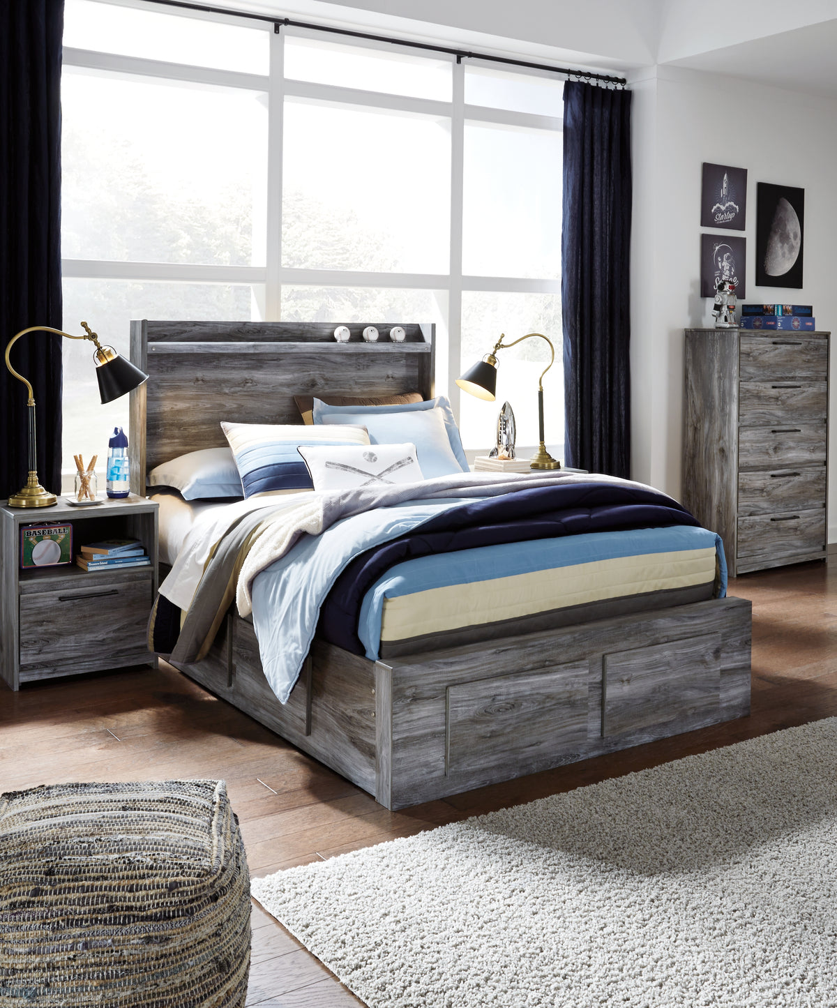 Hoover Furniture Outlet - Ashley Furniture - Baystorm Full Panel Bed with 4 Storage Drawers - Full Panel Bed with 4 Storage Drawers / Gray - B221B25