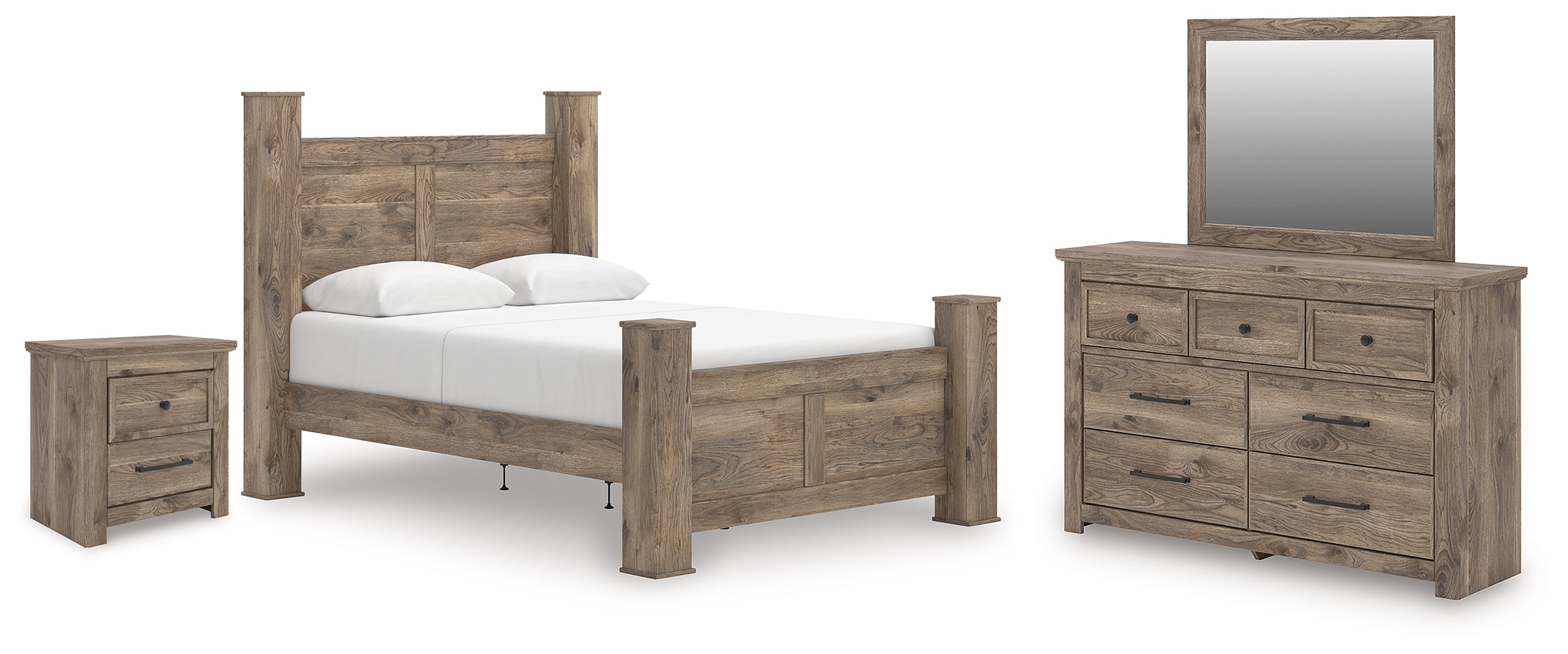 Hoover Furniture Outlet - Ashley Furniture - Rusticott Queen Poster Bed, Dresser, Mirror and Nightstand - Queen Poster Bed, Dresser, Mirror and Nightstand - PCB2260B13