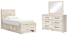 Lawroy Twin Panel Bed with Storage, Dresser and Mirror