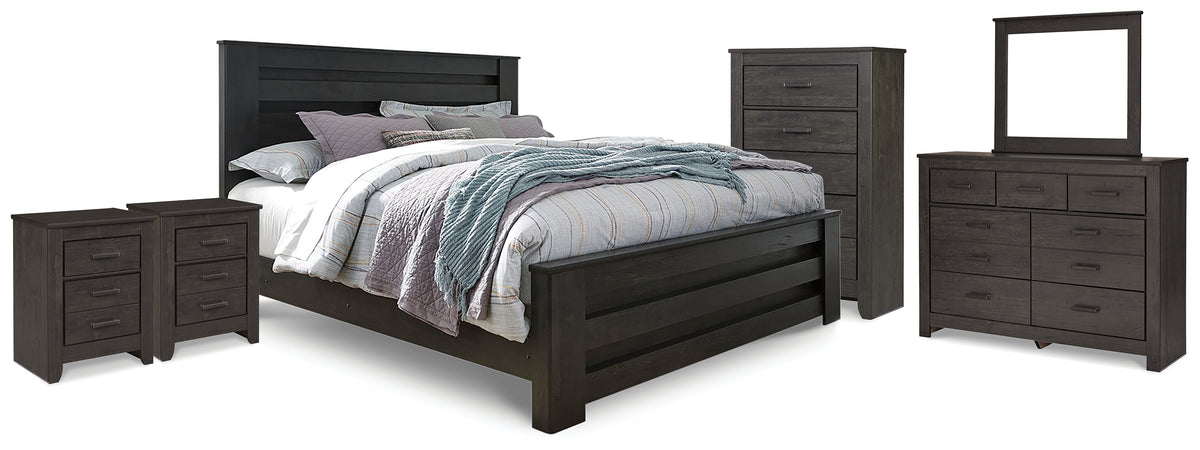 Hoover Furniture Outlet - Ashley Furniture - Brinxton King Panel Bed, Dresser Mirror, Chest and 2 Nightstands - King Panel Bed, Dresser Mirror, Chest and 2 Nightstands - B249B23