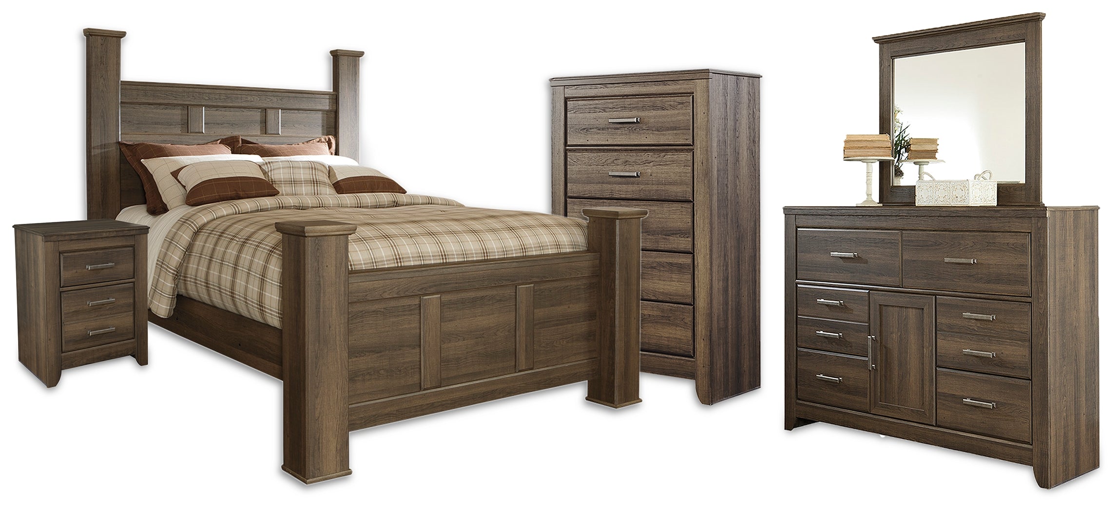 Hoover Furniture Outlet - Ashley Furniture - Juararo Queen Poster Bed, Dresser, Mirror, Chest and Nightstand - Queen Poster Bed, Dresser, Mirror, Chest and Nightstand - B251B42