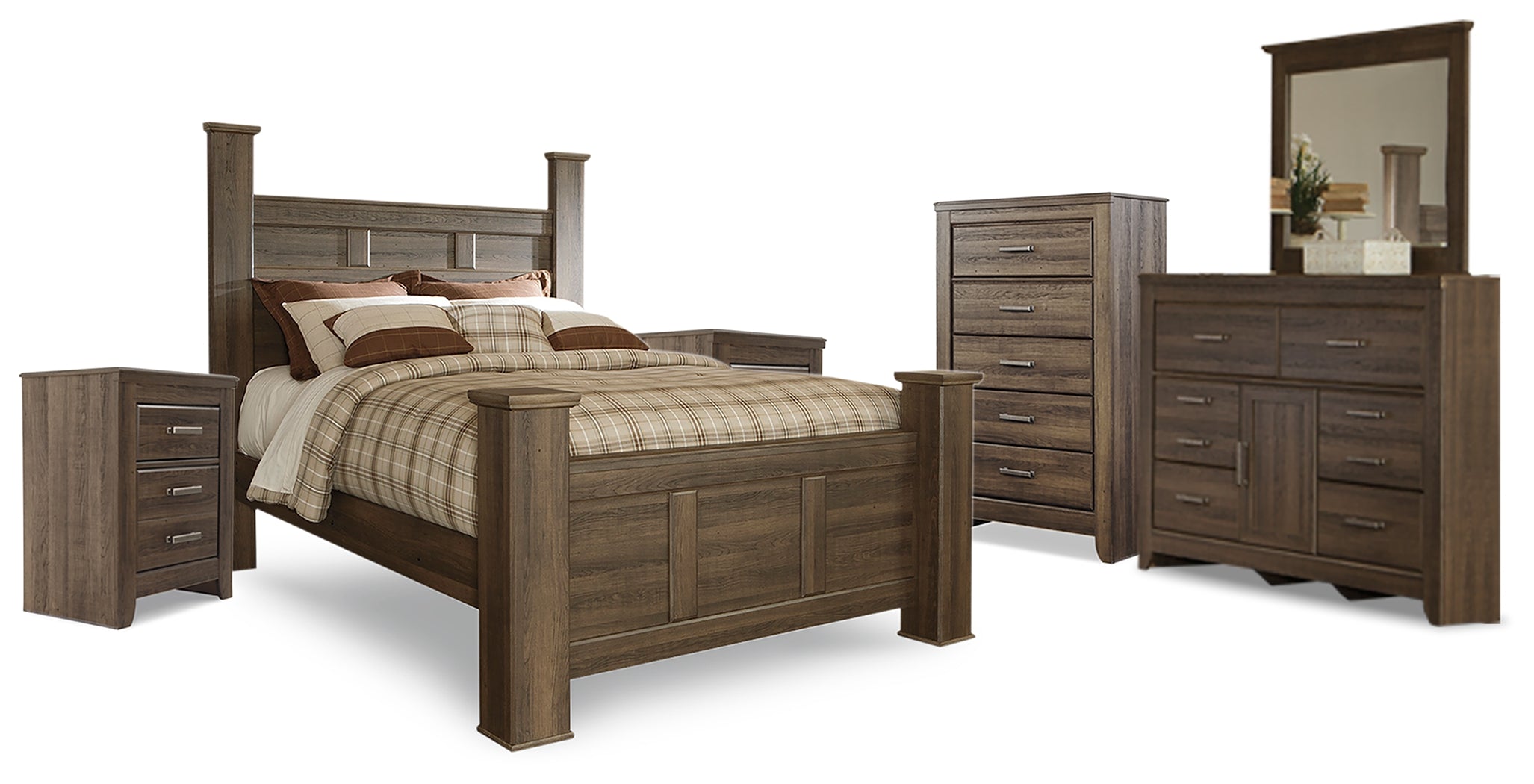 Hoover Furniture Outlet - Ashley Furniture - Juararo Queen Poster Bed, Dresser, Mirror, Chest and 2 Nightstands - Queen Poster Bed, Dresser, Mirror, Chest and 2 Nightstands - B251B26