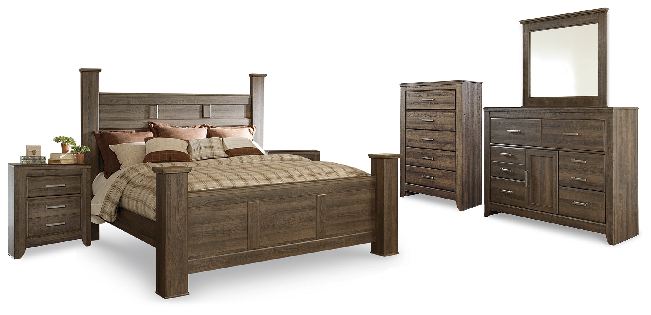 Hoover Furniture Outlet - Ashley Furniture - Juararo King Poster Bed, Dresser, Mirror, Chest and 2 Nightstands - King Poster Bed, Dresser, Mirror, Chest and 2 Nightstands - B251B30