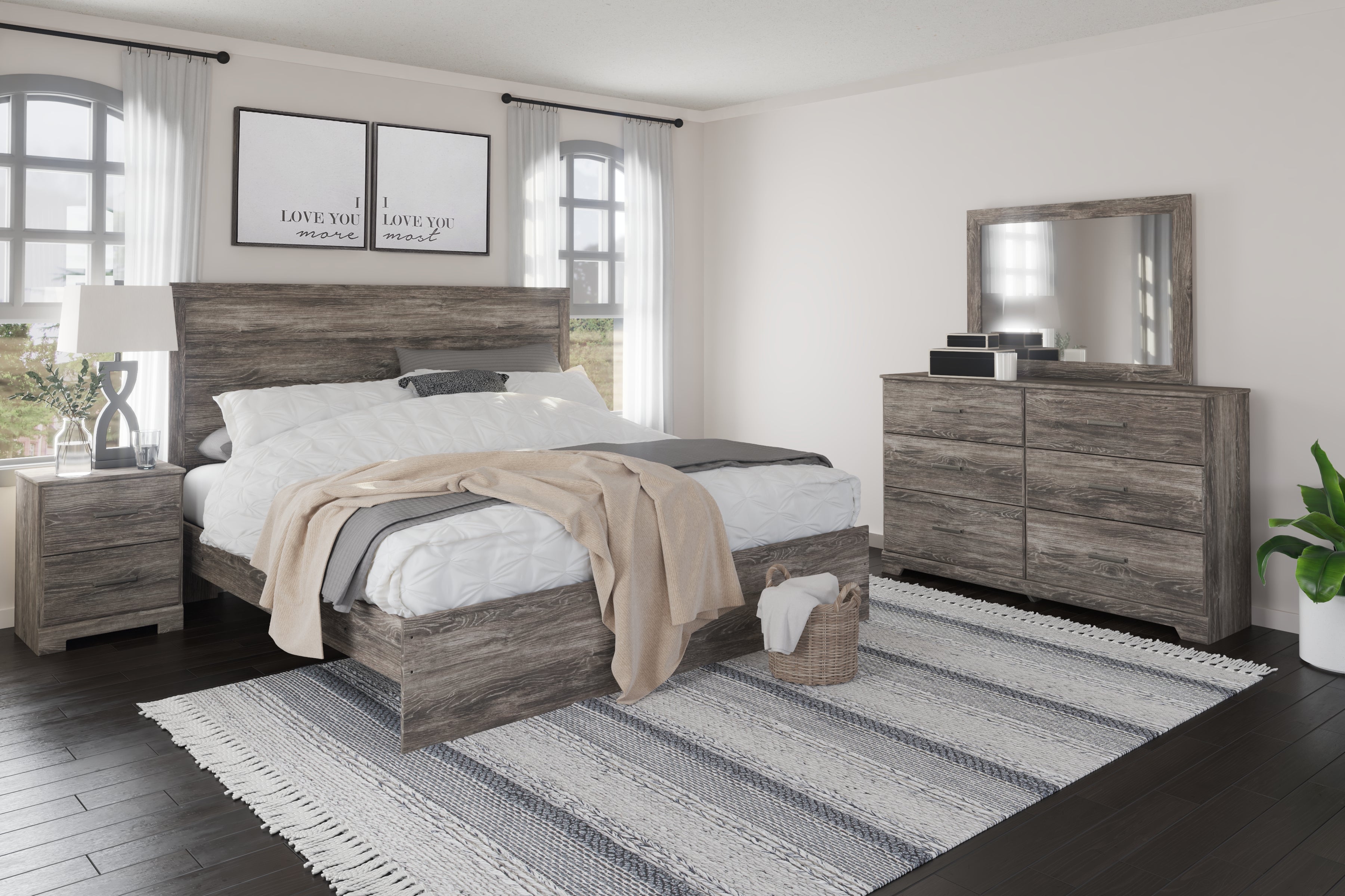 Hoover Furniture Outlet - Ashley Furniture - Ralinksi King Panel Bed, Dresser, Mirror, and Nightstand - King Panel Bed, Dresser, Mirror, and Nightstand - B2587B8