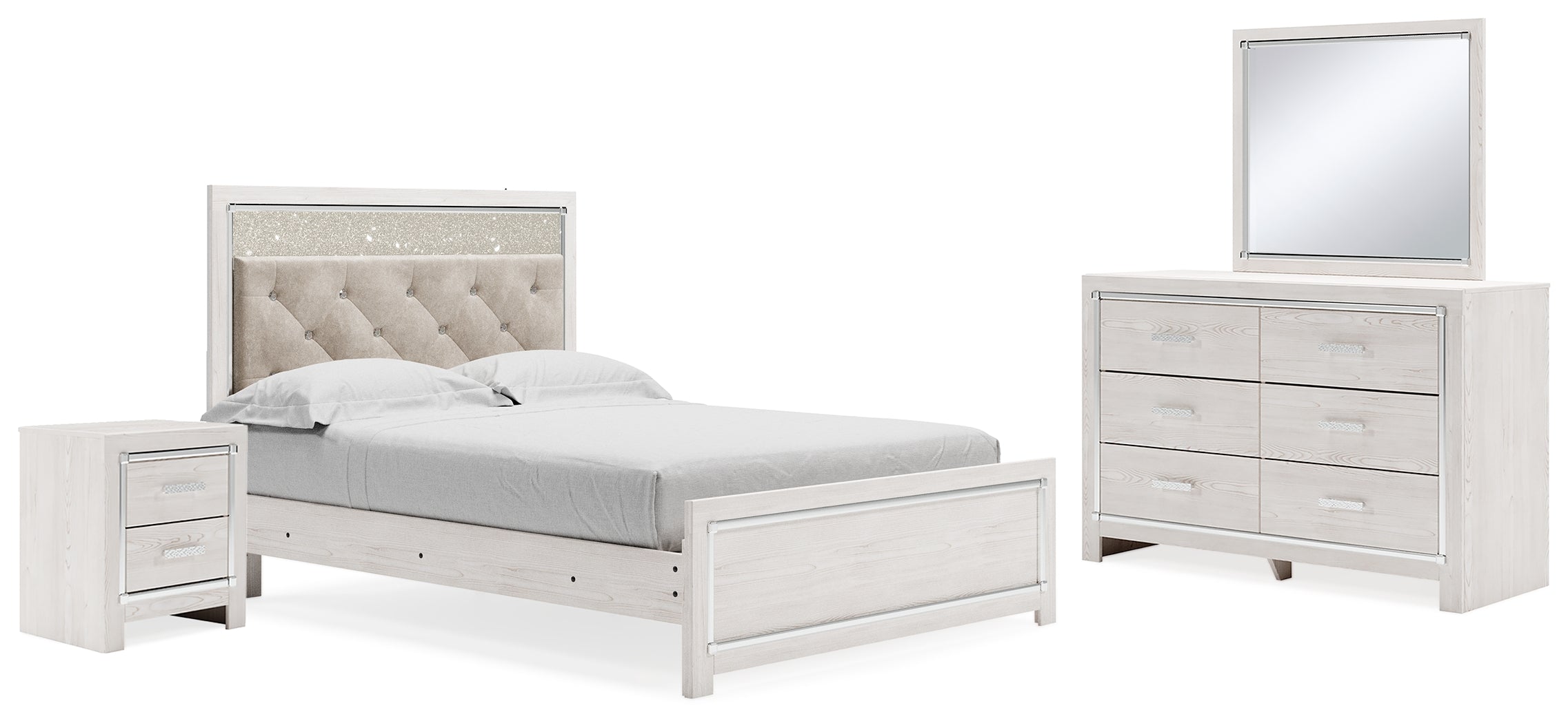 Hoover Furniture Outlet - Ashley Furniture - Altyra Queen Upholstered Panel Bed, Dresser, Mirror, and Nightstand - Queen Upholstered Panel Bed, Dresser, Mirror, and Nightstand - B2640B33