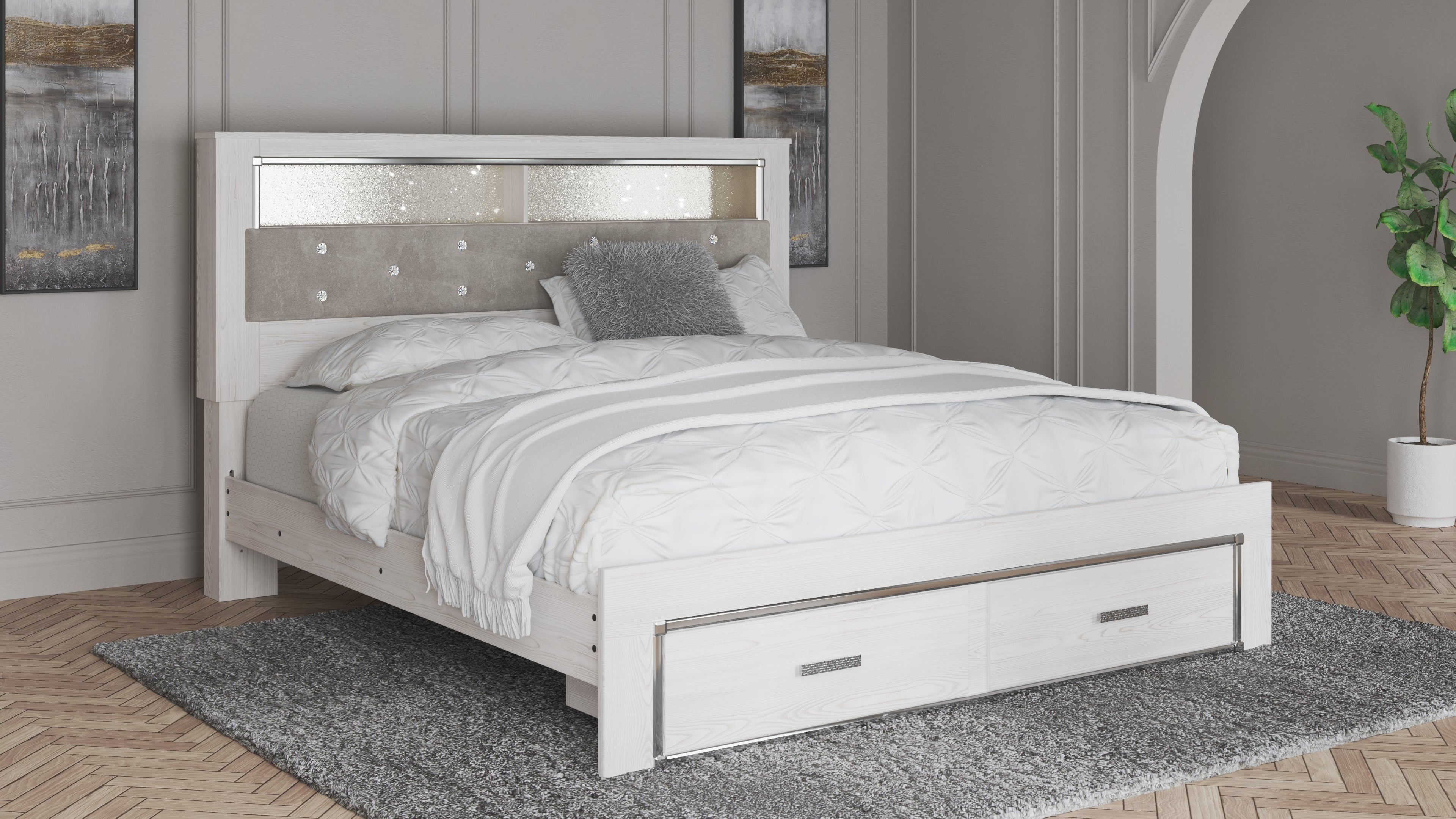 Hoover Furniture Outlet - Ashley Furniture - Altyra King Upholstered Bookcase Bed with Storage - King Upholstered Bookcase Bed with Storage / White - B2640B30