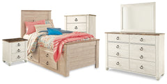 Hoover Furniture Outlet - Ashley Furniture - Willowton Twin Bed with Storage, Dresser, Mirror, Chest and Nightstand - Twin Bed with Storage, Dresser, Mirror, Chest and Nightstand / Whitewash - B267B65