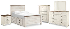Hoover Furniture Outlet - Ashley Furniture - Willowton Full Panel Bed with storage, Dresser, Mirror, Chest and Nightstand - Full Panel Bed with storage, Dresser, Mirror, Chest and Nightstand / Whitewash - B267B12