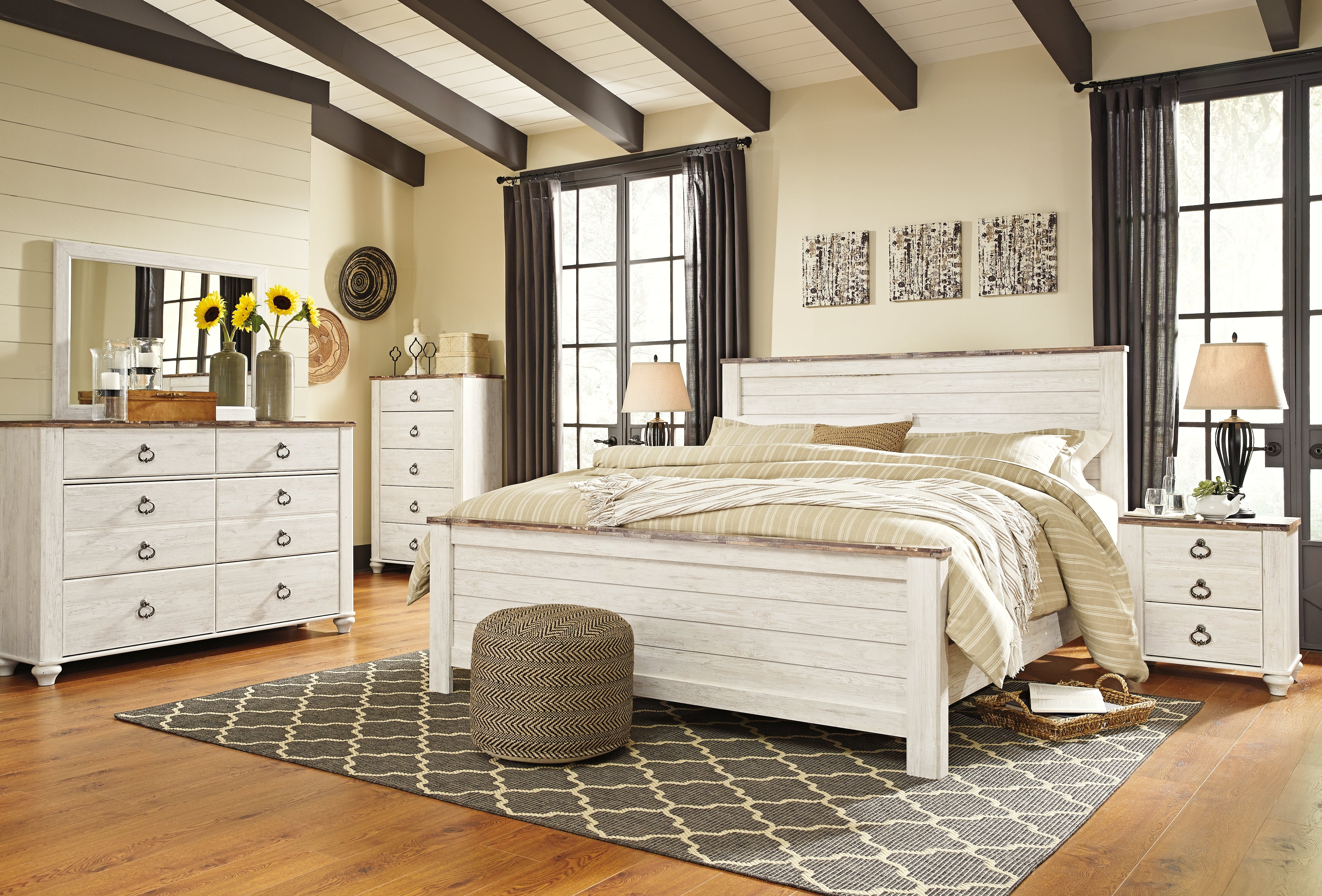 Hoover Furniture Outlet - Ashley Furniture - Willowton King Panel Bed, Dresser, Mirror, Chest and 2 Nightstands - King Panel Bed, Dresser, Mirror, Chest and 2 Nightstands - B267B45