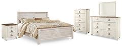 Willowton King Panel Bed, Dresser, Mirror, Chest and Nightstand