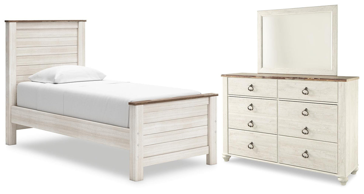 Hoover Furniture Outlet - Ashley Furniture - Willowton Twin Panel Bed, Dresser and Mirror - Twin Panel Bed, Dresser and Mirror - B267B51