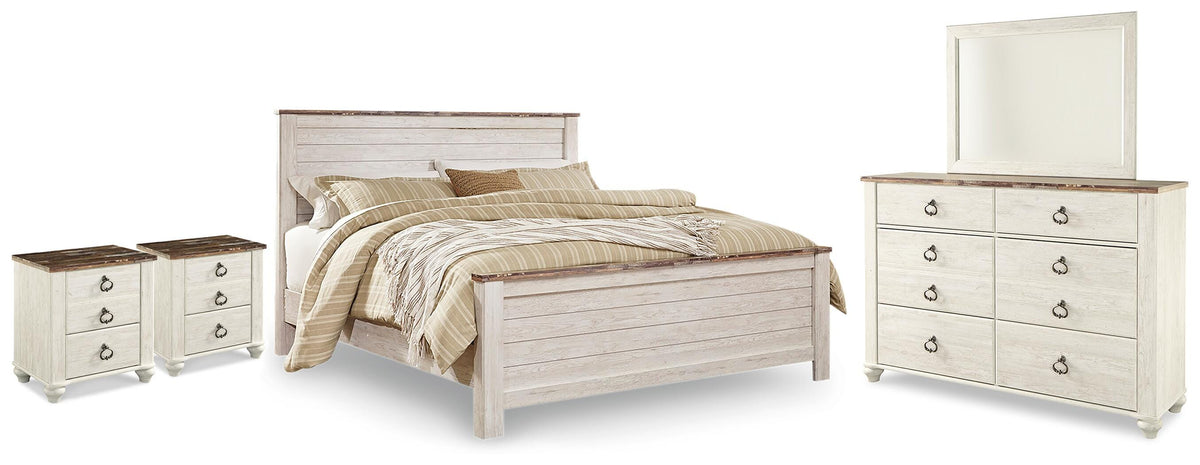 Hoover Furniture Outlet - Ashley Furniture - Willowton King Panel Bed, Dresser, Mirror and 2 Nightstands - King Panel Bed, Dresser, Mirror and 2 Nightstands - B267B75