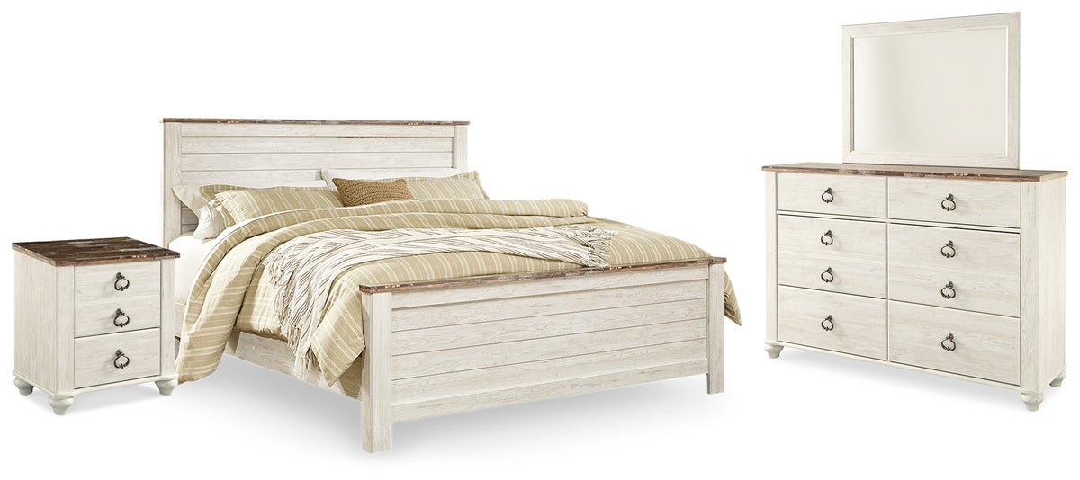 Hoover Furniture Outlet - Ashley Furniture - Willowton King Panel Bed, Dresser, Mirror, and Nightstand - King Panel Bed, Dresser, Mirror, and Nightstand - B267B38