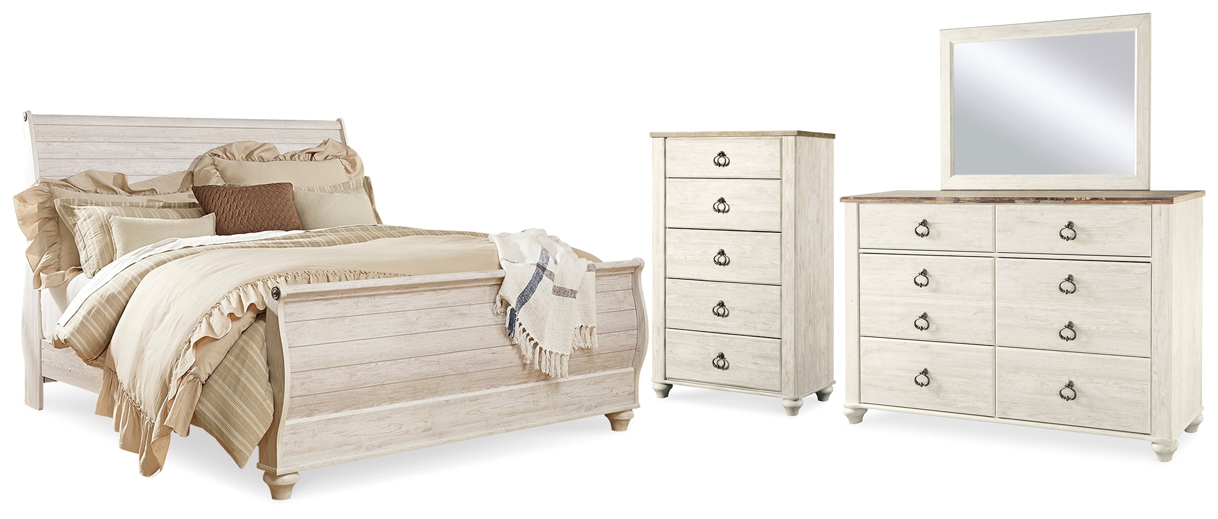 Hoover Furniture Outlet - Ashley Furniture - Willowton King Sleigh Bed - King Sleigh Bed, Dresser, Mirror and Chest / Whitewash - B267B42