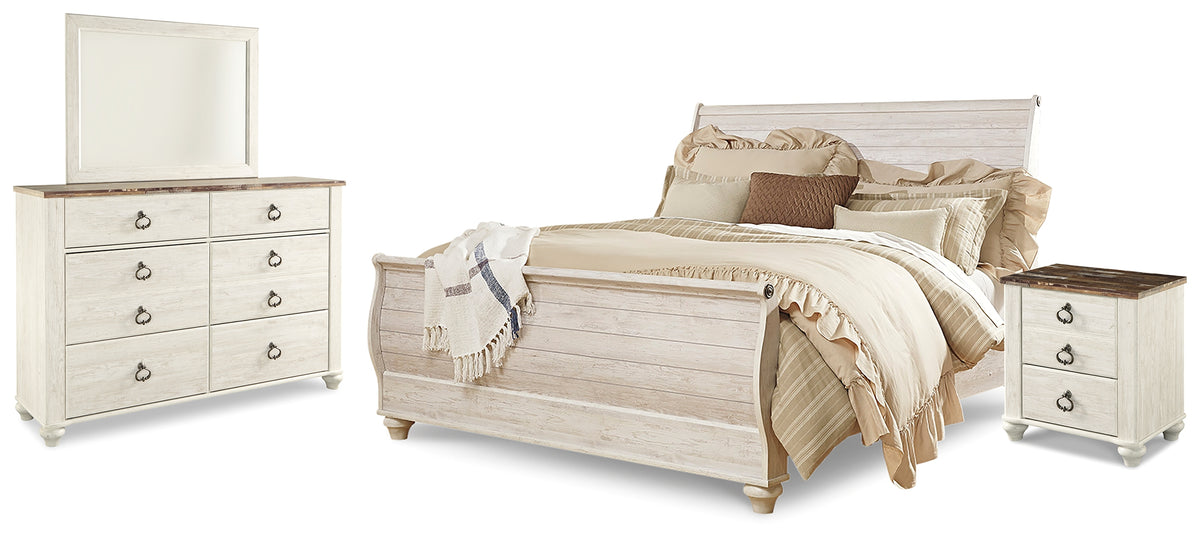 Hoover Furniture Outlet - Ashley Furniture - Willowton King Sleigh Bed, Dresser, Mirror and Nightstand - King Sleigh Bed, Dresser, Mirror and Nightstand - B267B33