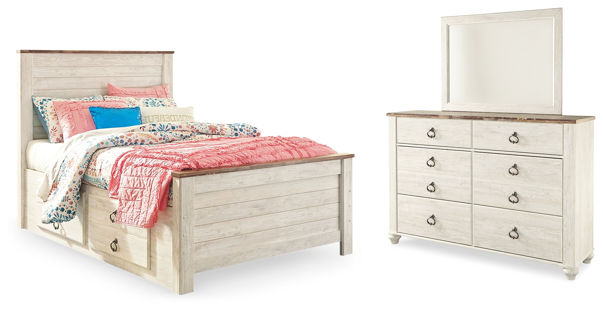 Hoover Furniture Outlet - Ashley Furniture - Willowton Full Panel Bed with Storage, Dresser and Mirror - Full Panel Bed with Storage, Dresser and Mirror / Whitewash - B267B52