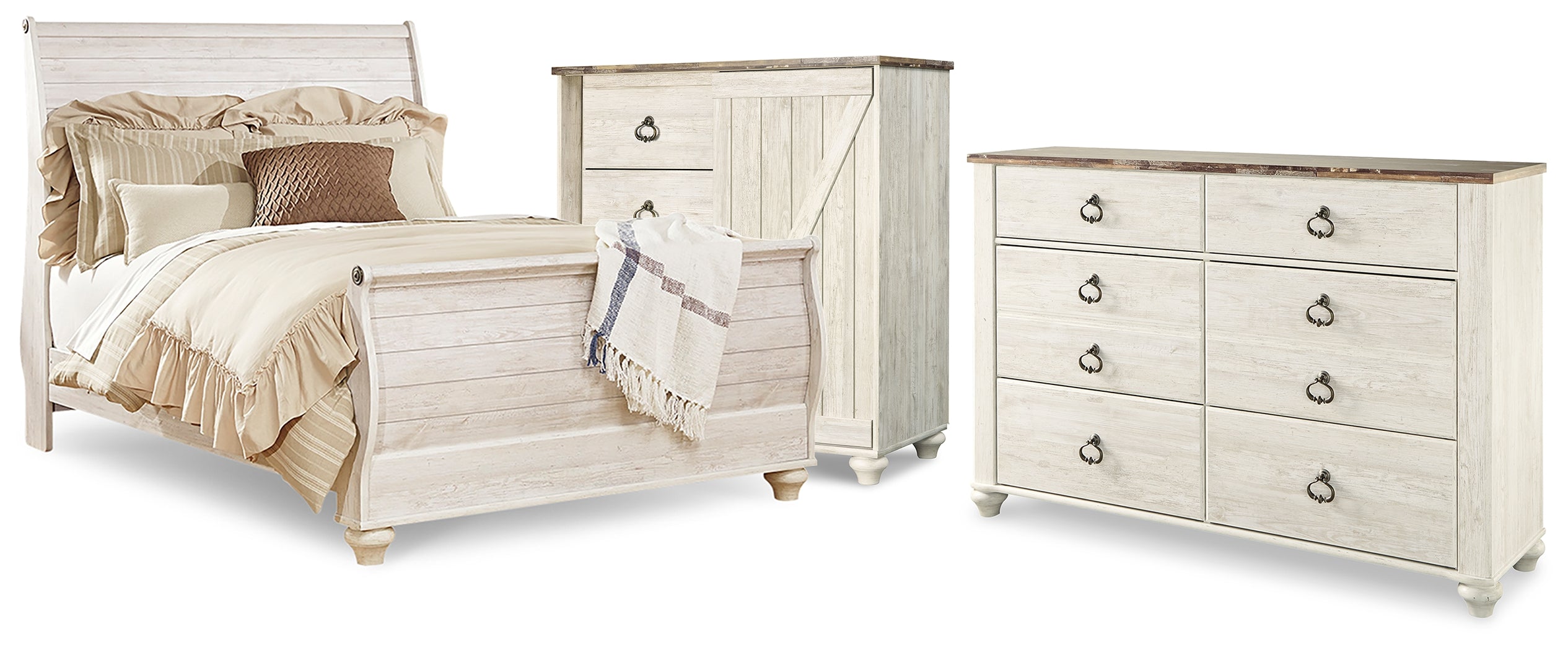 Hoover Furniture Outlet - Ashley Furniture - Willowton Queen Sleigh Bed - Queen Sleigh Bed, Dresser and Chest / Whitewash - B267B63