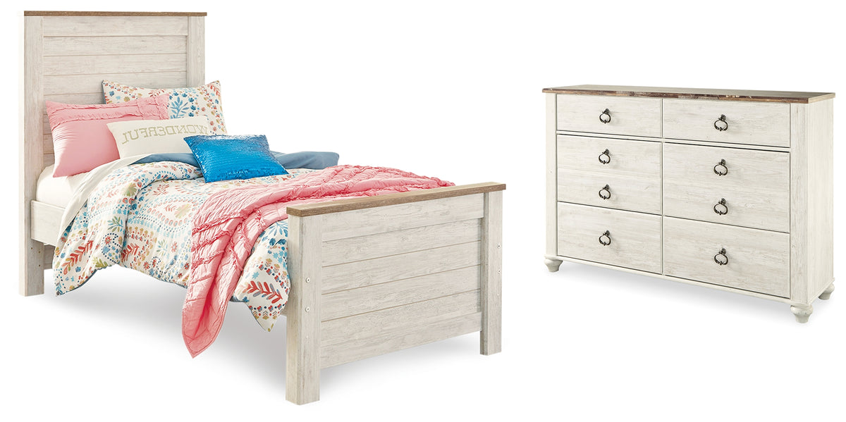 Hoover Furniture Outlet - Ashley Furniture - Willowton Twin Panel Bed and Dresser - Twin Panel Bed and Dresser / Whitewash - B267B53