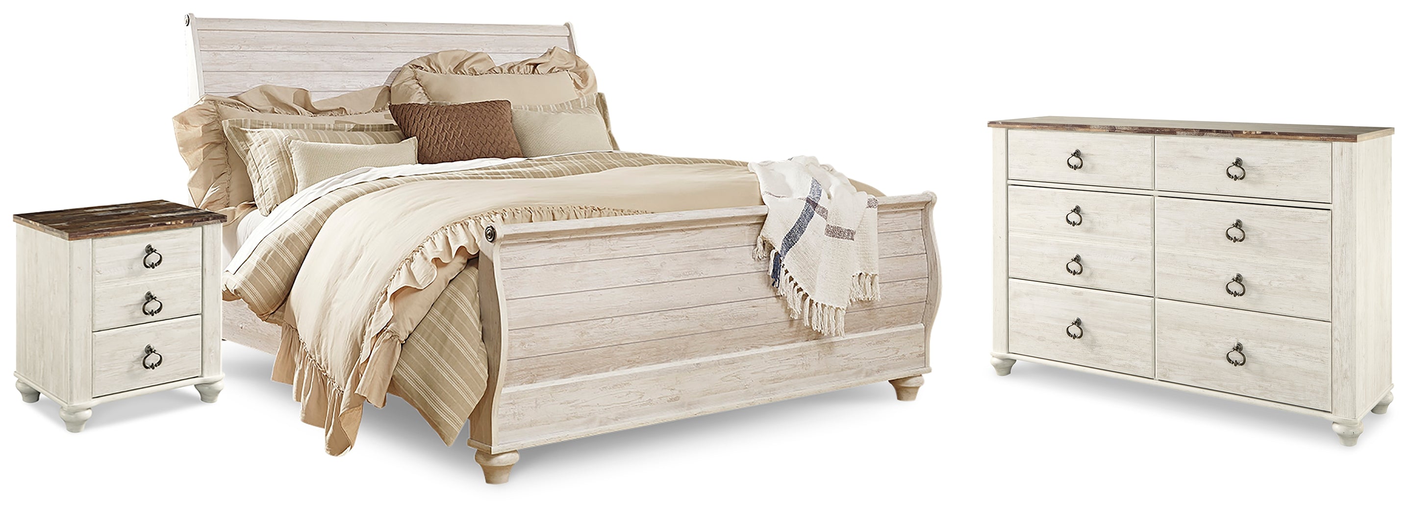 Hoover Furniture Outlet - Ashley Furniture - Willowton King Sleigh Bed - King Sleigh Bed, Dresser and Nightstand / Whitewash - B267B43