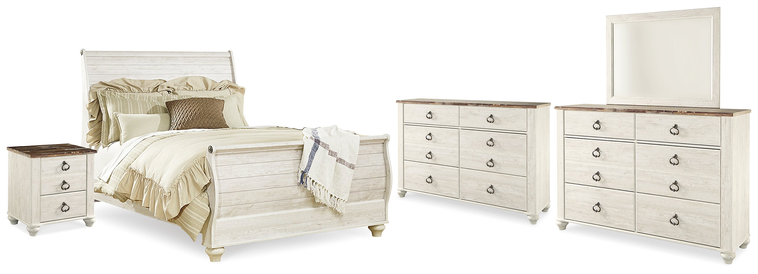 Hoover Furniture Outlet - Ashley Furniture - Willowton Queen Bed, Dresser, Mirror and Chest - Queen Bed, Dresser, Mirror and Chest / Whitewash - B267B58