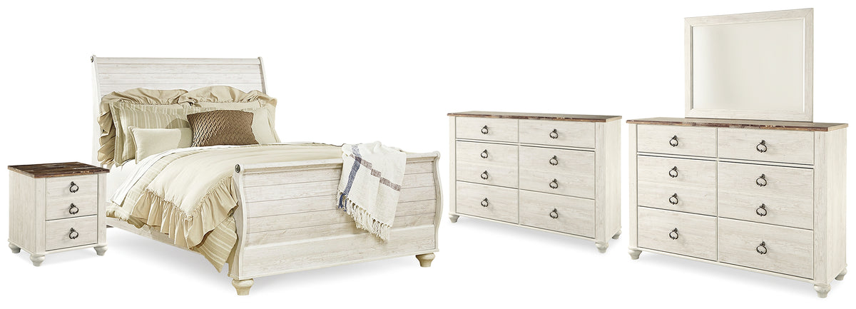 Hoover Furniture Outlet - Ashley Furniture - Willowton Queen Bed, Dresser, Mirror and Chest - Queen Bed, Dresser, Mirror and Chest / Whitewash - B267B58