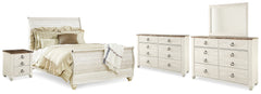 Hoover Furniture Outlet - Ashley Furniture - Willowton Queen Bed, Dresser, Mirror and Chest - Queen Bed, Dresser, Mirror and Chest / Whitewash - B267B58