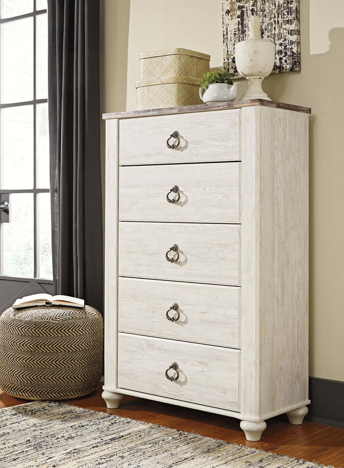Hoover Furniture Outlet - Ashley Furniture - Willowton Chest of Drawers - Five Drawer Chest / Whitewash - B267-46