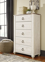 Hoover Furniture Outlet - Ashley Furniture - Willowton Chest of Drawers - Five Drawer Chest / Whitewash - B267-46