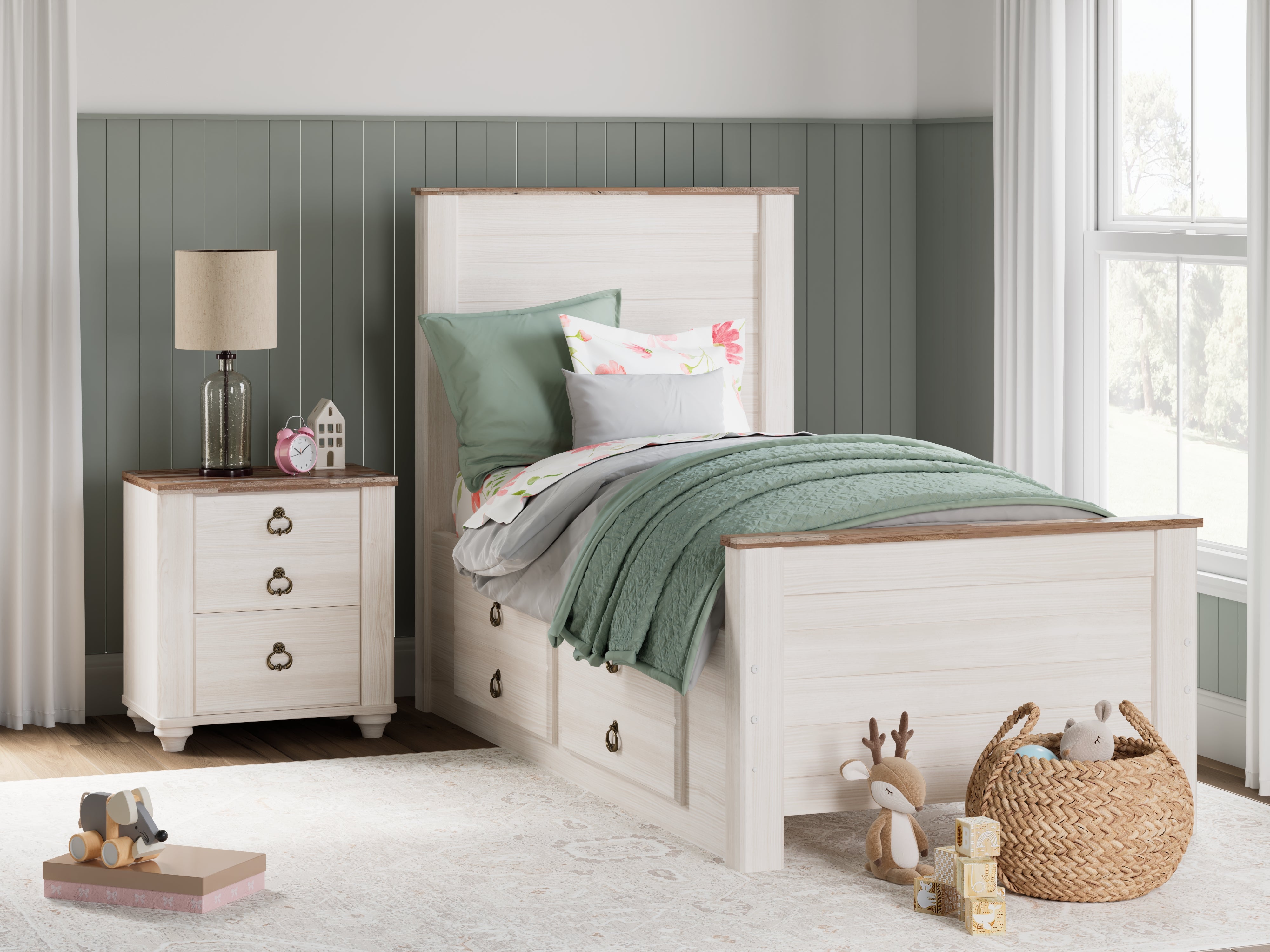 Hoover Furniture Outlet - Ashley Furniture - Willowton Twin Panel Bed with 2 Storage Drawers - Twin Panel Bed with 2 Storage Drawers / Whitewash - B267B21
