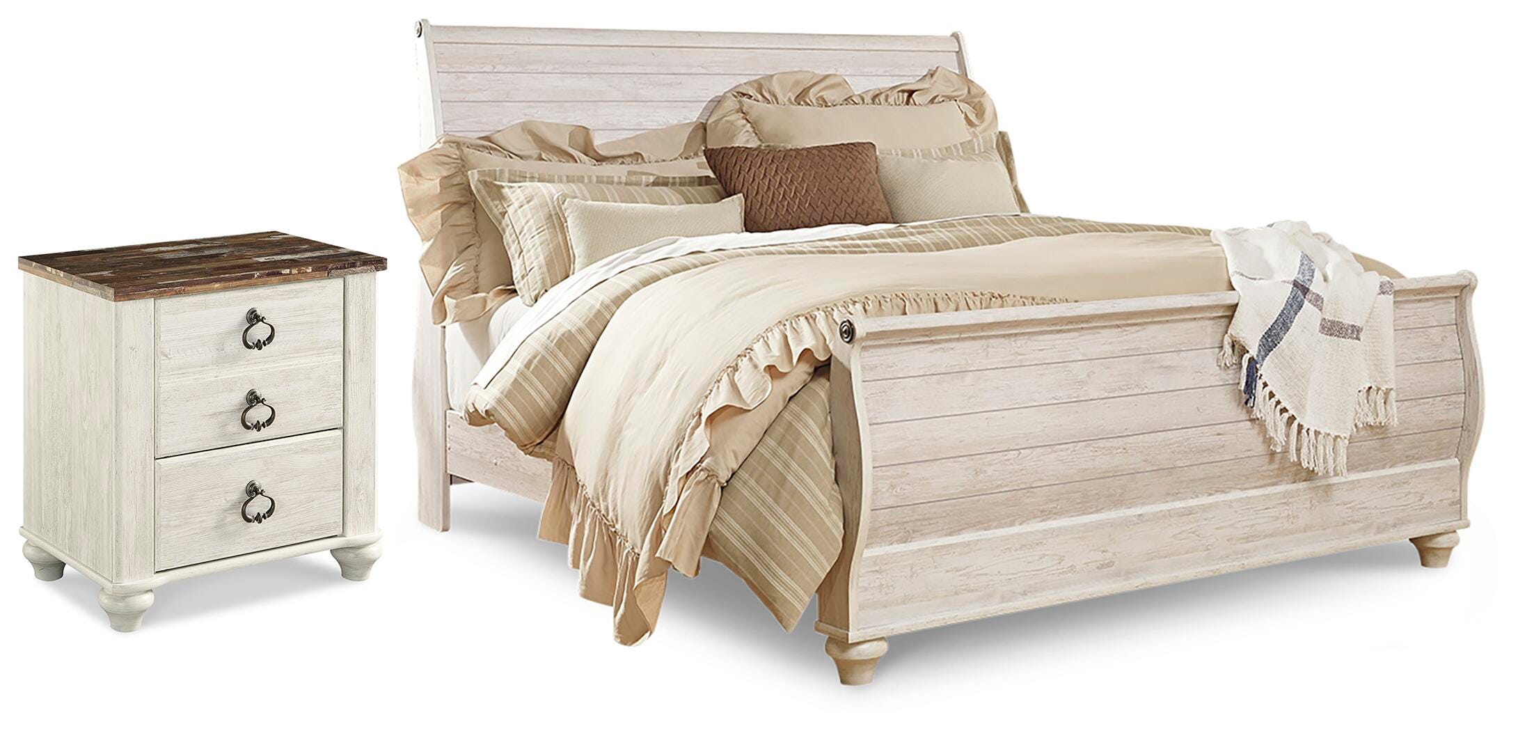 Hoover Furniture Outlet - Ashley Furniture - Willowton King Sleigh Bed and Nightstand - King Sleigh Bed and Nightstand - B267B74