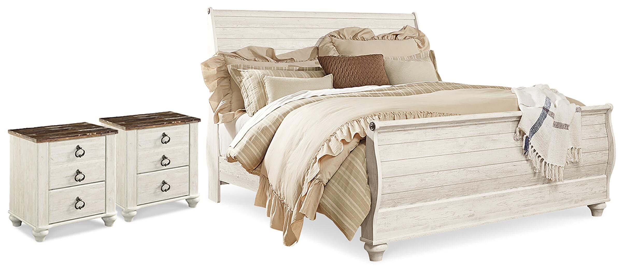 Hoover Furniture Outlet - Ashley Furniture - Willowton King Sleigh Bed and 2 Nightstands - King Sleigh Bed and 2 Nightstands - B267B78