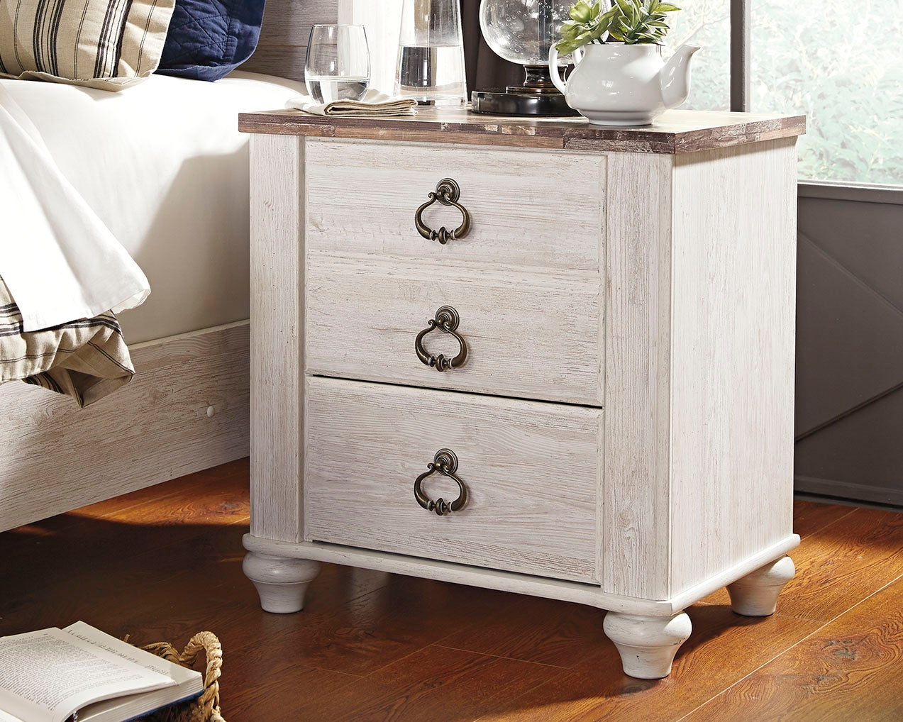 Hoover Furniture Outlet - Ashley Furniture - Willowton Nightstand - Two Drawer Night Stand / Whitewash - B267-92