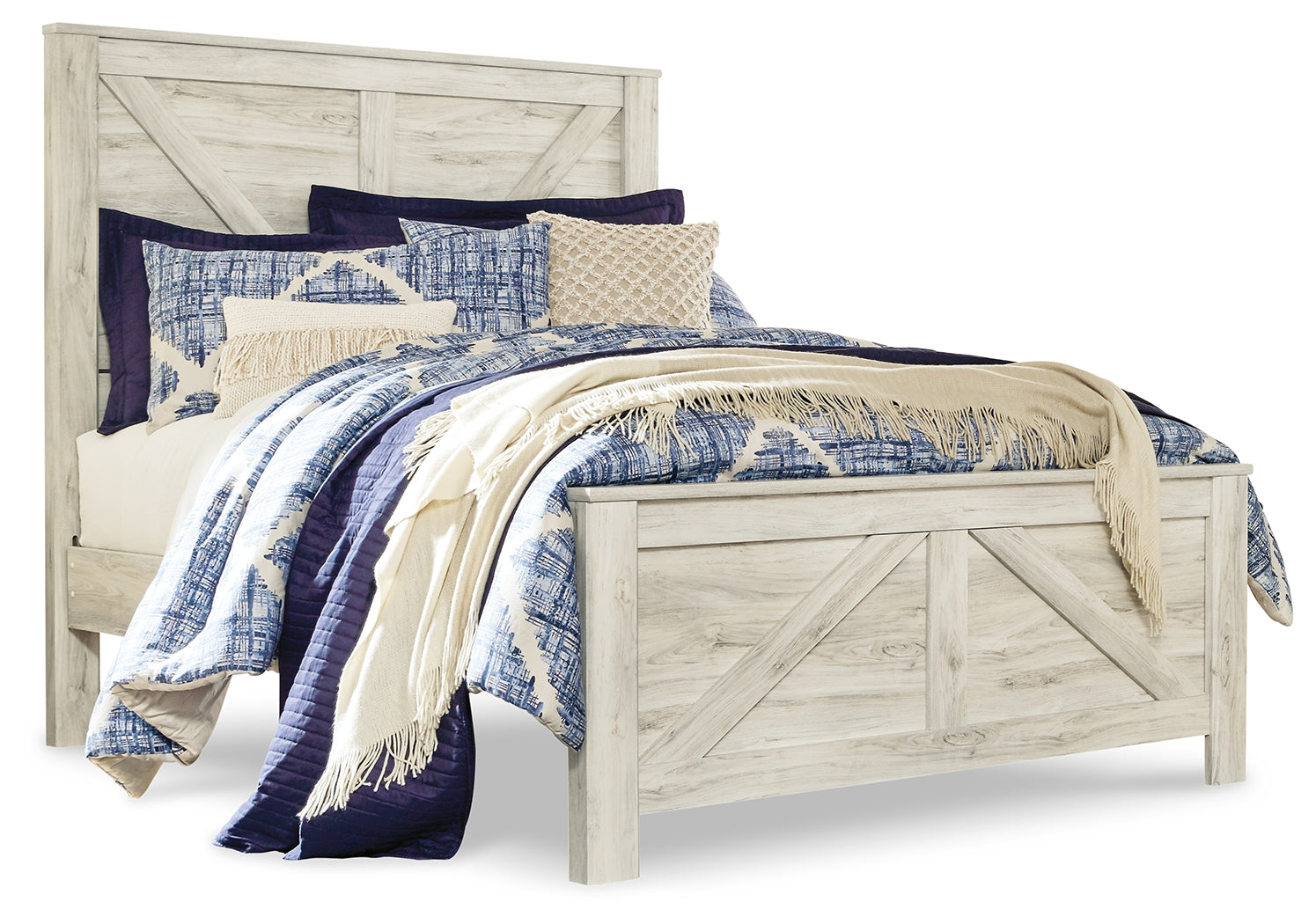 Hoover Furniture Outlet - Ashley Furniture - Bellaby Queen Crossbuck Panel Bed, Dresser, Mirror and 2 Nightstands - Queen Crossbuck Panel Bed, Dresser, Mirror and 2 Nightstands / Whitewash - B331B13