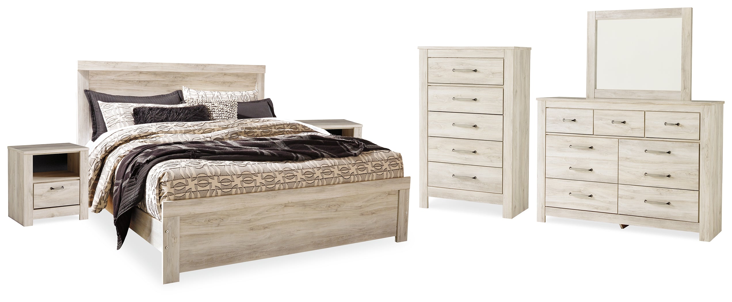 Hoover Furniture Outlet - Ashley Furniture - Bellaby King Panel Bed, Dresser, Mirror, Chest and 2 Nightstands - King Panel Bed, Dresser, Mirror, Chest and 2 Nightstands / Whitewash - B331B17