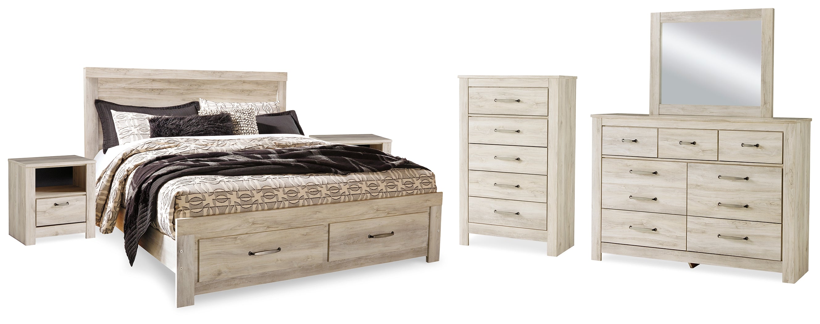 Hoover Furniture Outlet - Ashley Furniture - Bellaby King Storage Bed, Dresser, Mirror, Chest and 2 Nightstands - King Storage Bed, Dresser, Mirror, Chest and 2 Nightstands / Whitewash - B331B20