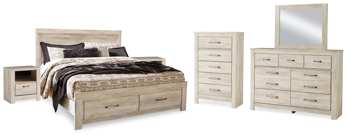 Hoover Furniture Outlet - Ashley Furniture - Bellaby King Storage Bed, Dresser, Mirror, Chest and 2 Nightstands - King Storage Bed, Dresser, Mirror, Chest and 2 Nightstands / Whitewash - B331B20
