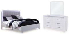 Jarlee Queen Upholstered Panel Bed, Dresser and Mirror
