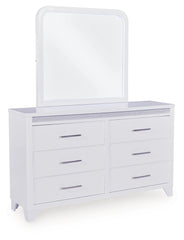 Jarlee Queen Upholstered Panel Bed, Dresser and Mirror