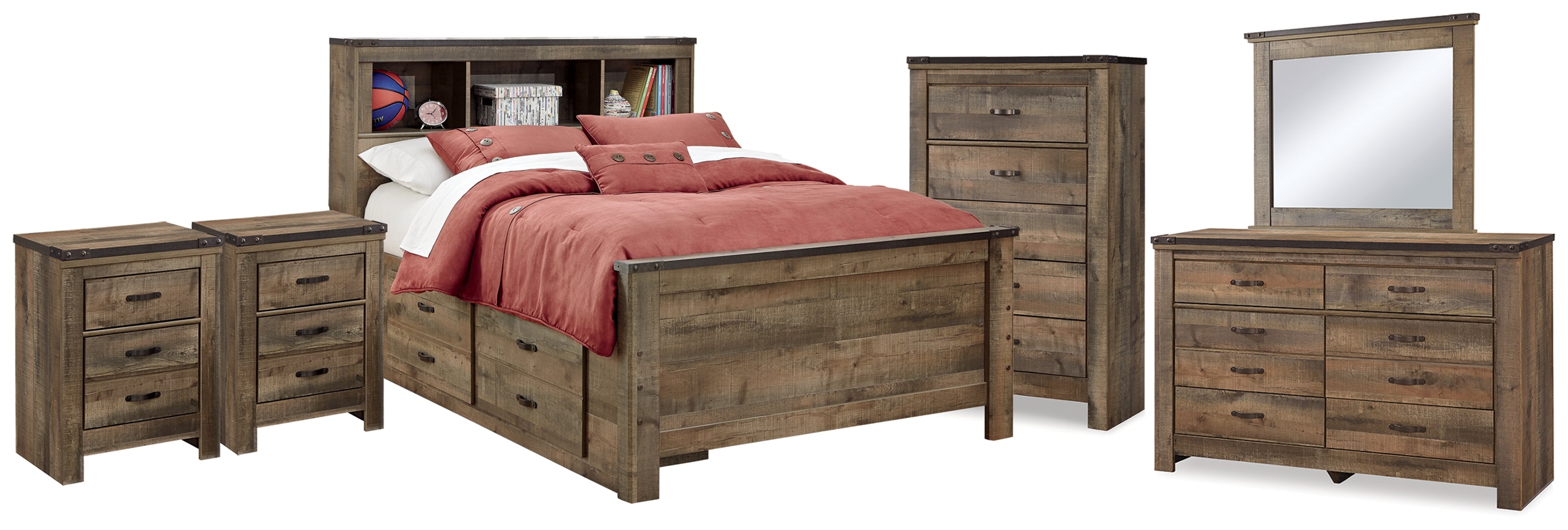 Hoover Furniture Outlet - Ashley Furniture - Trinell Full Bookcase Storage Bed, Dresser, Mirror, Chest and 2 Nightstands - Full Bookcase Storage Bed, Dresser, Mirror, Chest and 2 Nightstands - B446B89