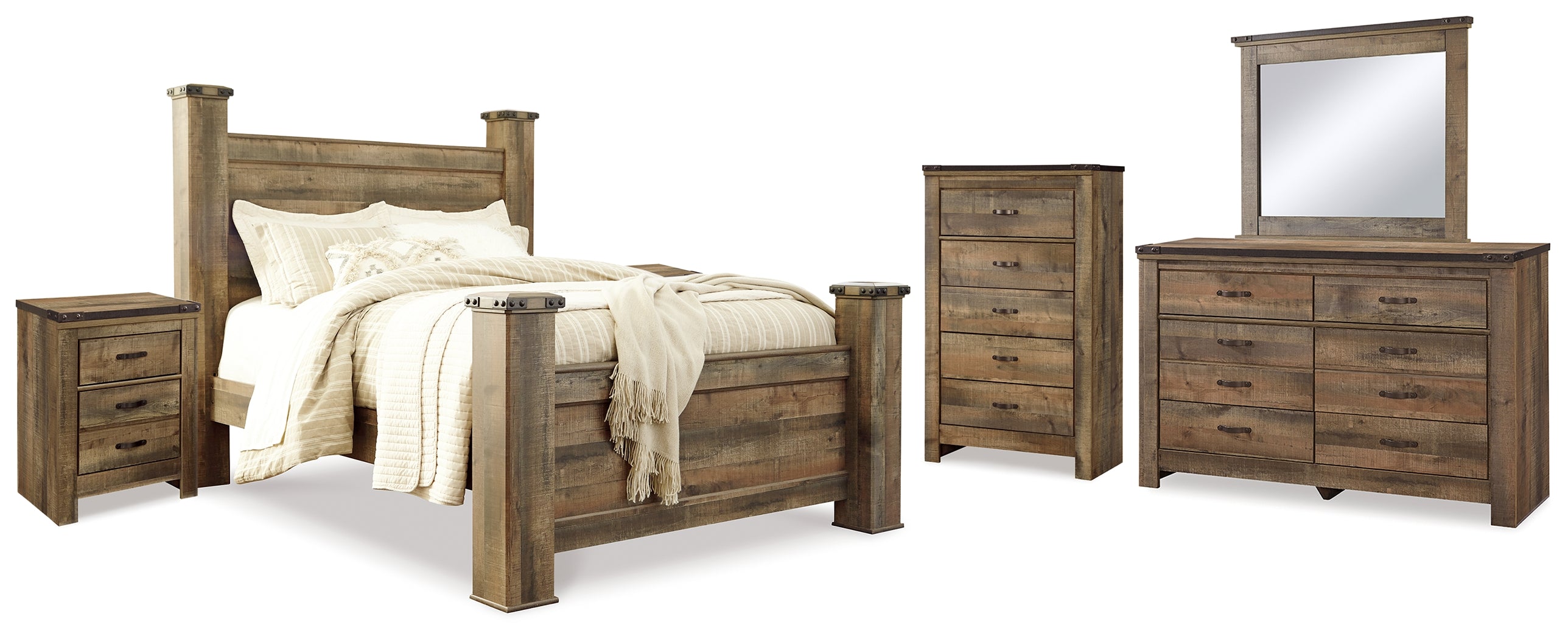Hoover Furniture Outlet - Ashley Furniture - Trinell Queen Poster Bed, Dresser, Mirror, Chest and 2 Nightstands - Queen Poster Bed, Dresser, Mirror, Chest and 2 Nightstands - B446B80