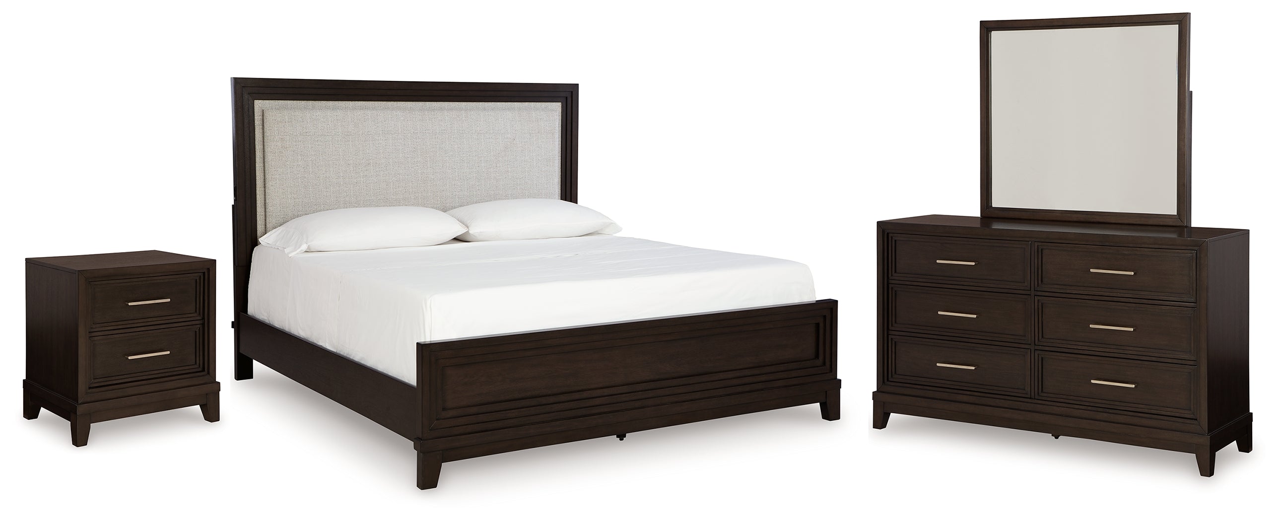 Hoover Furniture Outlet - Ashley Furniture - Neymorton King Panel Bed, Dresser, Mirror and Nightstand - King Panel Bed, Dresser, Mirror and Nightstand / Dark Grayish Brown - B618B11