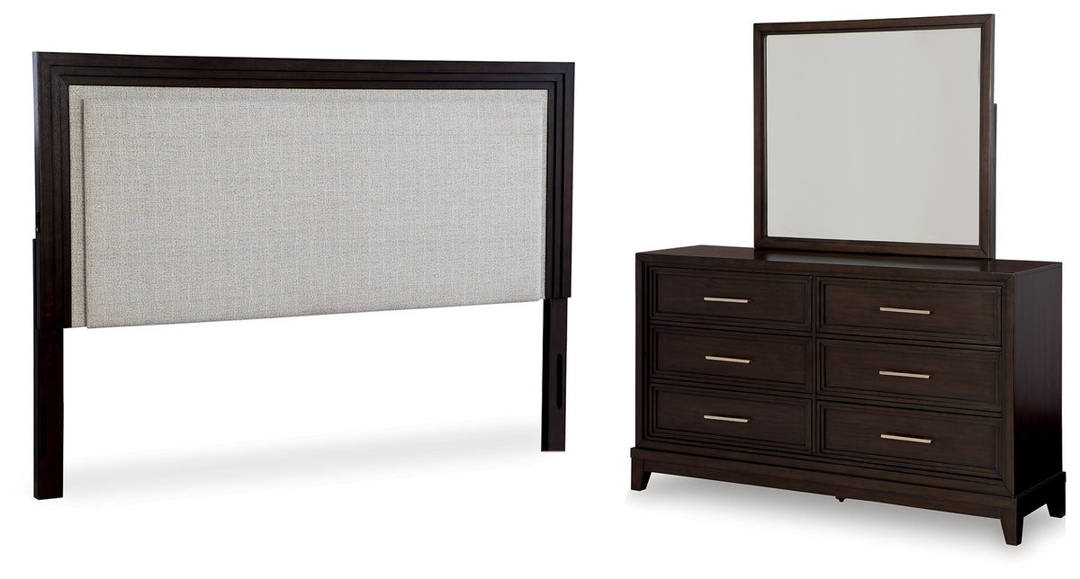 Hoover Furniture Outlet - Ashley Furniture - Neymorton King/California King Upholstered Panel Headboard, Dresser and Mirror - King/California King Upholstered Panel Headboard, Dresser and Mirror / Dark Grayish Brown - B618B7