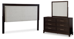 Hoover Furniture Outlet - Ashley Furniture - Neymorton King/California King Upholstered Panel Headboard, Dresser and Mirror - King/California King Upholstered Panel Headboard, Dresser and Mirror / Dark Grayish Brown - B618B7