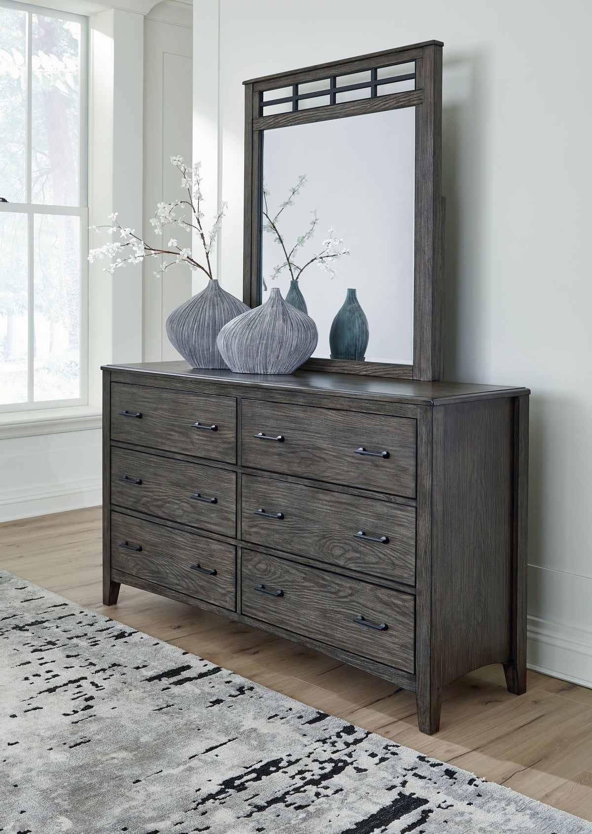 Hoover Furniture Outlet - Ashley Furniture - Montillan Dresser and Mirror - Dresser and Mirror / Grayish Brown - B651B1