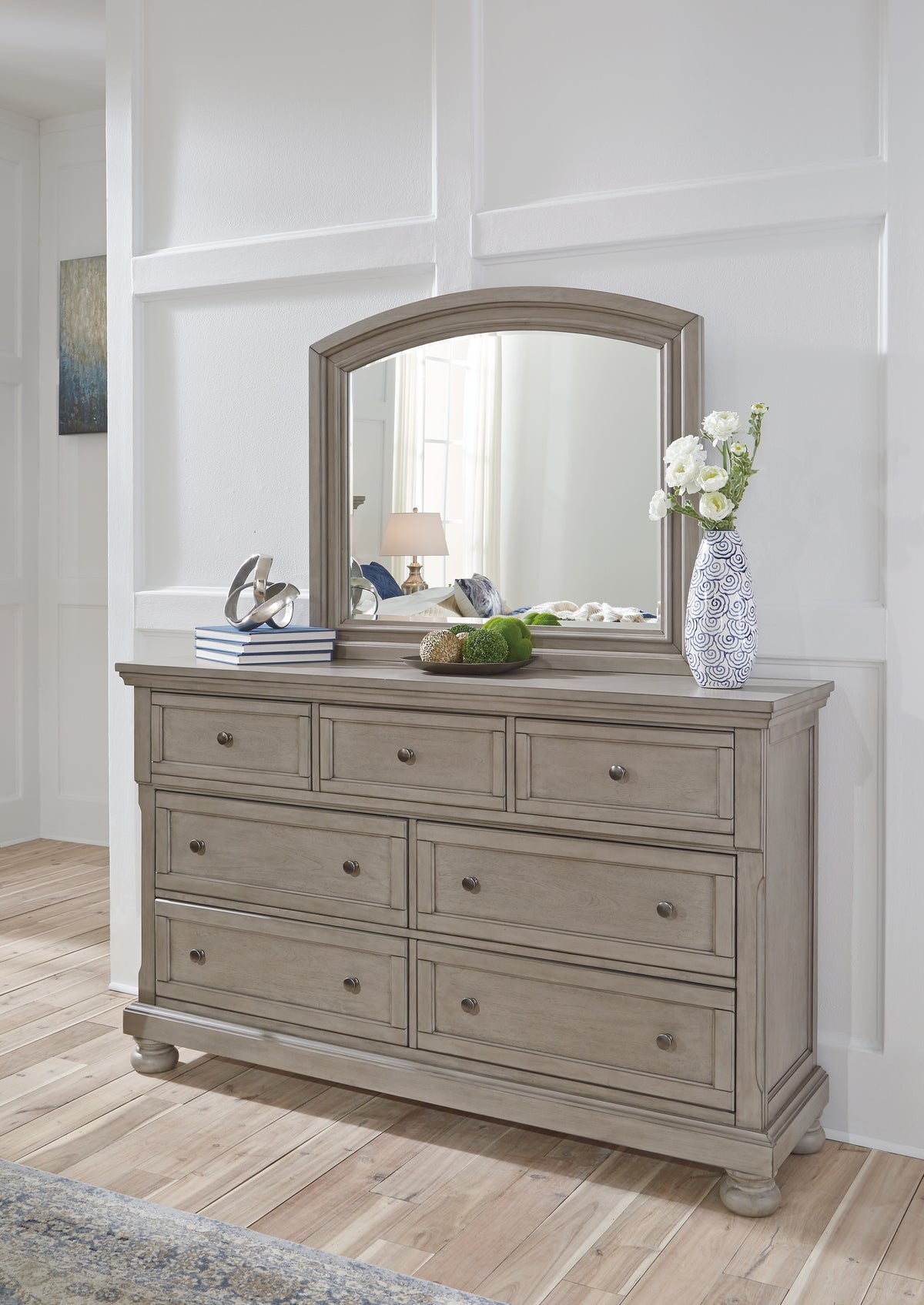 Hoover Furniture Outlet - Ashley Furniture - Lettner Dresser and Mirror - Dresser and Mirror / Light Gray - B733B1