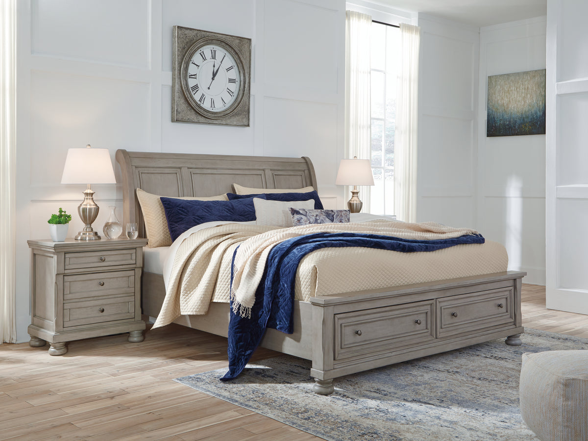 Hoover Furniture Outlet - Ashley Furniture - Lettner King Sleigh Bed with 2 Storage Drawers - King Sleigh Bed with 2 Storage Drawers / Light Gray - B733B8